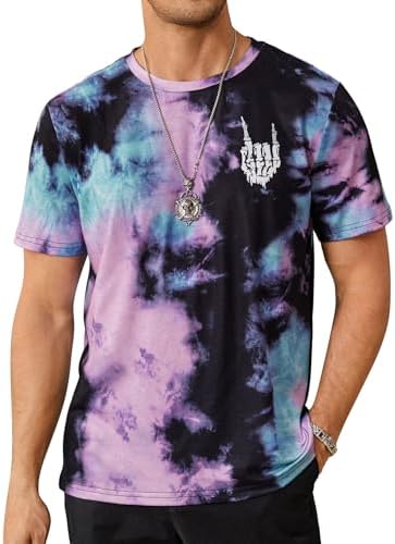 Verdusa Men's Tie Dye Short Sleeve Round Neck Tee Top Black Purple