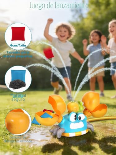 3-en-1 Juegos de Agua para Niños Exterior, Juguete de Aspersores Forma de Cangrejo con Juego de Lanzar Tela y Atrapar Pelota, Juguetes Verano para 3 4 5 6 7 8 9Años, Regalo Creativo para Niños y Niñas