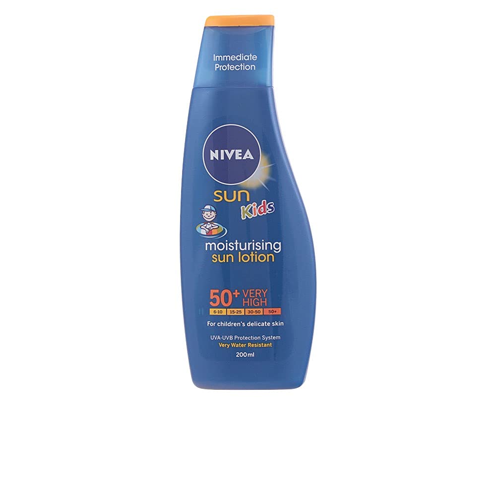 NIVEA SUN Kids Protect & Care FP50+ Sun Milk (1 x 200 ml), Water Resistant Children's Sunscreen Very High Sun Protection for Children
