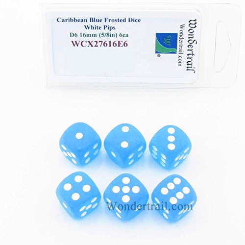 Caribbean Blue Frosted Dice with Gold White 16mm (5/8in) D6 Set of 6 Wondertrail