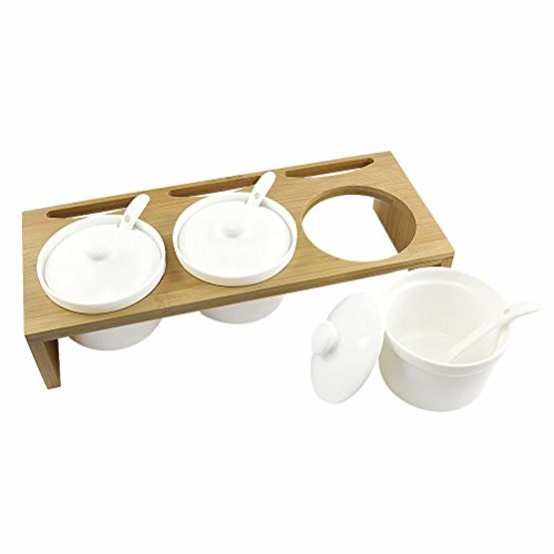 Condiment Spice Jar, Set of 3, 77L Ceramic Condiment Spice Jars with Serving Spoons and Ceramic Lids - Condiment Pots with Plain White Lids and Spoons and Bamboo Holder for Home and Kitchen - Thumbnail 7