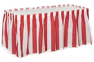 Oojami Pack of 4 Classic Red & White Striped Table Skirts - Perfect for Carnival, Circus Themed Parties, and More - Easy to Apply, 14ft Length Each
