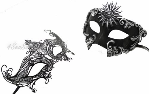 His & Hers Masquerade Couples Venetian Design Masks Sun God & Queen - 2 Piece Colored Set - Perfect Couple Mardi Gras Majestic Party Halloween Ball Prom
