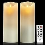 Battery Candles, Flickering Flameless Candles Set of 2 x 7 Battery Operated Candles Real Wax Pillar with Remote Timer By Comenzar