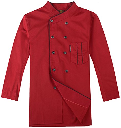 Seven Star Short Sleeve Chef's Jacket Kitchen Cook Coat Stripe Uniforms 3Colors(Black, Red, White) (Medium, Red (Long Sleeve))
