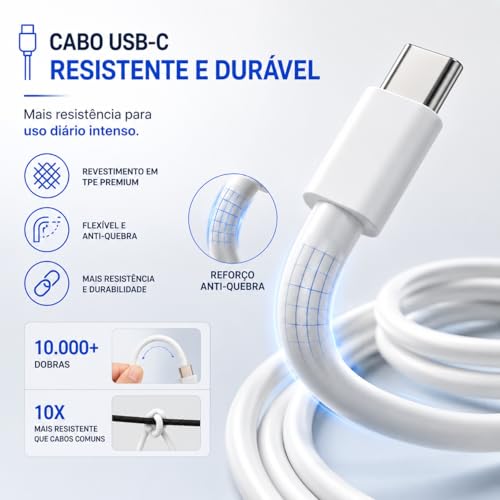 Carregador Turbo 30W Compatível iPhone 15/16/17-16 PRO, 16 PRO MAX iPhone 15 PLUS 15 PRO 15 PRO MAX, GALAXY - Todos ANDROID Entrada TIPO-C + Cabo Reforçado USB-C - Fast Power