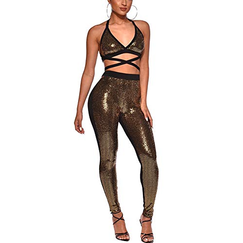 Kumono Womens Sexy Long Sleeve Glitter Sequin Bodycon Long Pants Party Jumpsuits Rompers Clubwear Black