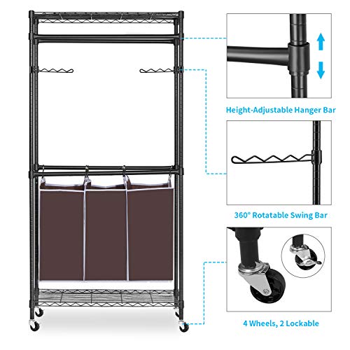 alvorog Garment Rack Rolling Laundry Sorter Cart Heavy-Duty Sorting Hamper Commercial Grade Clothes Rack with 2 Hanging Rod Adjustable Height Shelves 3 Removable Bags for Laundry Room, Black