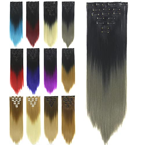 IMISSU 24 Inch 7PCS Set Long Straight Clip in Hair Extensions Ombre Color Full Head Hair Extension Hairpiece for Women 120g (Ombre Dark Grey)