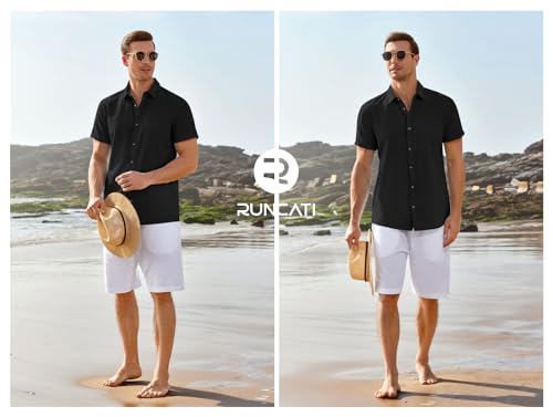 Runcati shirt men short sleeve beach shirt cotton linen reversible collar summer shirt mens leisure tee