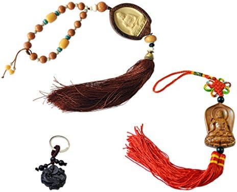 A Trio of Buddha Kuan Yin Wooden Hanging Ornaments and a Pixiu Keychain
