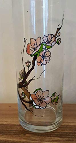 Cherry Tree Flower Blossom Hand Painted Stained Glass Cylinder Vase, Candle Holder, Floral Decor - Thumbnail 5