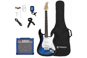 STRINGO Blue Electric Guitar Beginner Kit Full Size 39 Inch Set Includes Tremolo Guitar, 20W Amplifier 3 Picks, Shoulder Strap, Tuner, Bag Case
