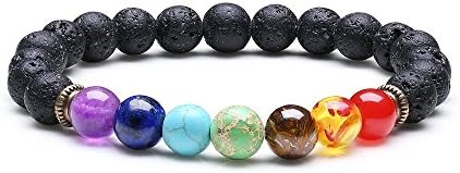 Men Women 8mm Lava Rock Chakras Beads Bracelet Braided Rope Natural Stone Yoga Bangle (Lava Rock Chakras)