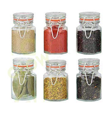GLOW Set of 6 Glass Spice Jars – Stylish Pack of Mini Clip Top Sealed Lid Kitchen Storage Containers for Herbs Spices Seasoning Jams Preserves – Easy Clean 70ml Pots with Sticky Labels Included