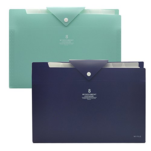 A4 Expanding File Folder, Multiple-Pocket, Document Organizer, With Blank Label Tab, Snap Button Closure, Waterproof, Durable, Colorful (8-Pockets (Blue & Green))