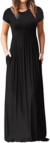 XINHUXIN Women Soild O-Neck Pleated Short Sleeve Floor Length Loose Long Dress with Pockets