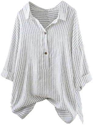 Dressffe Cotton Linen Vintage Blouses for Women Fashion 2018 Striped Button up Pullover Plus Size