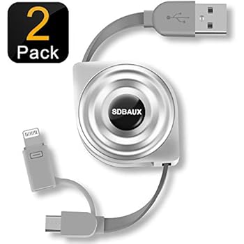 SDBAUX Retractable Phone Charging Cable, Micro USB 2 in 1 Charger Cord and Data Sync Compatible/Replacement for iPhone Xs Max XR X 8 7 6 Plus 5s Samsung Galaxy S6 S7 Edge Note 5 LG HTC (2Pack/3.3ft)