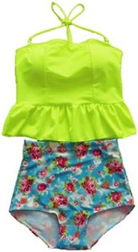 Swimsuit Viva Rose 2pcs High Waisted Stripe Figure-shaping Women's Swimwear (L (US 12-14), Yellow+Floral)