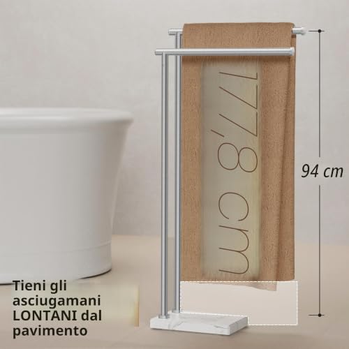 KES - Freestanding Wobble Free Standing Towel Rail with Weighted Natural Marble Base, 2 Tier Towel Rack for Bathroom Floor, Upgraded Constant Design, Steel