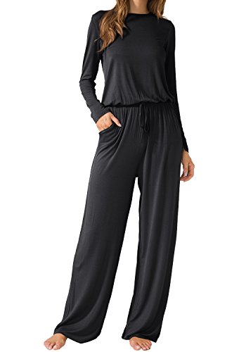 LAINAB Womens Casual Long Sleeves O Neck Wide Legs Playsuits Jumpsuits Black S