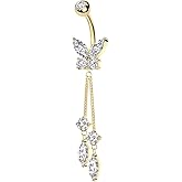 Pierced Owl 14GA 316L Stainless Steel CZ Crystal Butterfly with Double Dangling Marquise Belly Button Ring