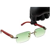 Square Rimless Gold Frame Green Tint Luxury Sunglasses for Women Men Trendy Rectangle Vintage Woodgrain Shades Retro 90s Gangster Frameless Sun Glasses