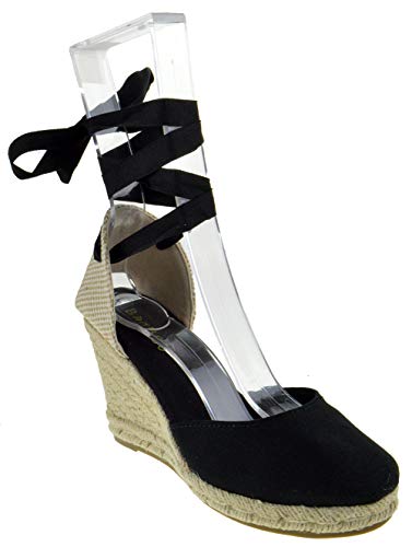 BAMBOO Timeoff 02 Womens Closed Toe Leg Wrap Espadrille Wedge Dress Sandals Black 6 - Thumbnail 3