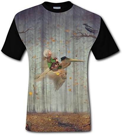 Funny The Little Boy and Brown Pelican Fly In The Autumn Forest Mens Tee T-Shirt Round Neck Costume M