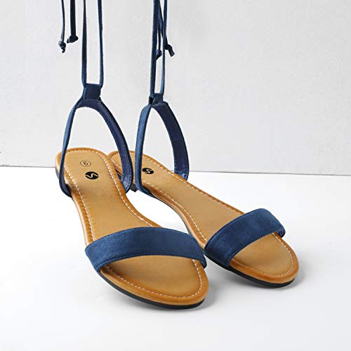 Rekayla Open Toe Tie Up Ankle Wrap Flat Sandals for Women Navy Blue 09