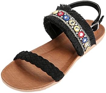 WOCACHI Women Shoes Bohemia Fringed Woven Belt Anti Skidding Beach Shoes Peep-Toe Sandals