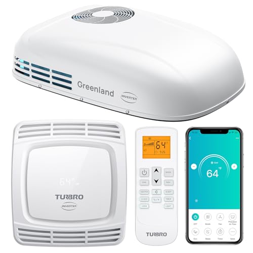 TURBRO Inverter 13.5K BTU RV Air Conditioner with Cooling and Heat Pump | Non-Ducted Low-Profile Rooftop Unit | Quiet Operation | WiFi & Remote Control | LED Atmosphere Light, White | Non-Ducted Low-Profile Rooftop Unit, Quiet Operation, WiFi & Remote Control, LED Atmosphere Light, White