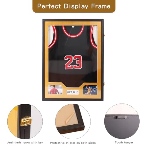 Homodoskey Jersey Frame Display Case, Large Clear Acrylic Shadow Box with UV Protection for Basketball Football Hockey shirts, Wall Mount Wooden Showcase for Sports fans (Golden)