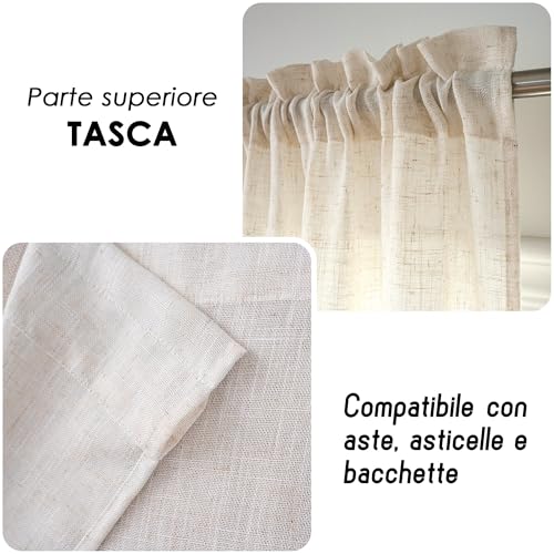 GIRASOLE HOME Pair of Crete Semi Filtering Curtains in Natural Faux Linen 2 Panels 55 x 220 cm with Pocket