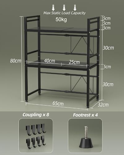 NETEL Soporte Extensible para microondas, Estante para Cocina, Altura Ajustable Estante para microondas, Organizador de Cocina, 3 Niveles con 8 Ganchos, Kitchen Shelves, Negro