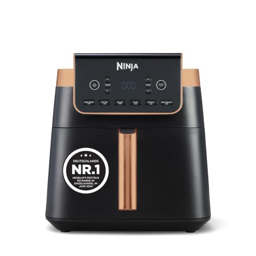 Ninja Heißluftfritteuse MAX PRO, 6,2 L, ölfrei, große Schublade, Rösten, Backen, Air Fry, Antihaftbeschichtet, Spülmaschinenfester Korb & Crisper Gittereinsatz, Silikonzange, Schwarz/Kupfer, AF180EUCP