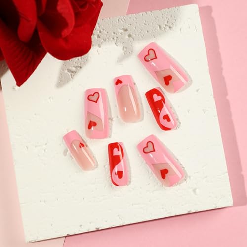 Coffin Press on Nails Medium Fake Nails Pink French Tip False Nails with Red Heart Design Glue on Nails Glossy Acrylic Nails for Women Manicure 24Pcs - Image 3