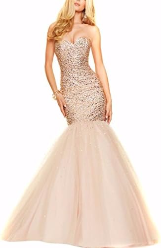 Topquality2016 Women's Beading Tulle Mermaid Long Evening Dresses Size 6 Nude