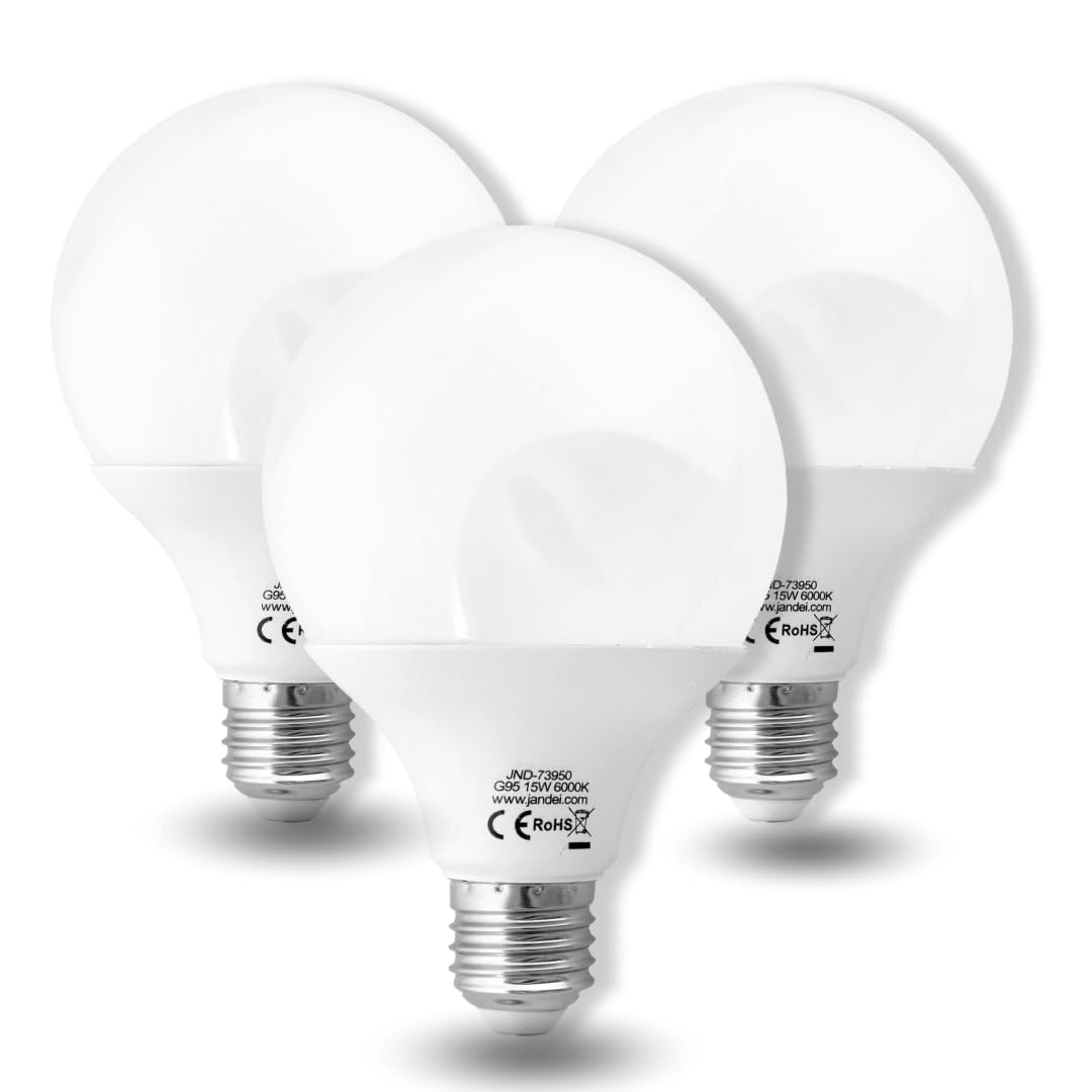 JANDEI E27 Screw Bulb, G95 Globe Bulb,15W (100W Equivalent) Led Bulbs Daylight 6000k Large Globe Light Bulbs, Non-Dimmable,1950 Lume Energy Saving, Perfect for Indoor Room Led Bulbs 3- Pack