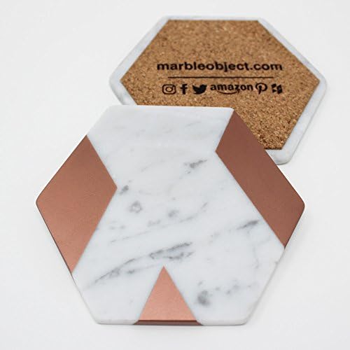 Rose Gold Strip White Carrara Marble Hexagon 5'' Coaster ( set of 2 )
