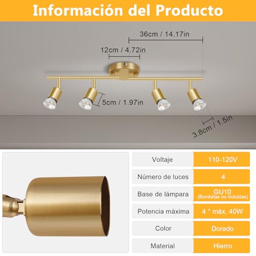 JSXing Kit de iluminación de riel, iluminación puntual de techo de 4 vías negra, cabezal de luz giratorio flexible, luz de riel (bombilla no incluida) (Dorado, 4 luz)