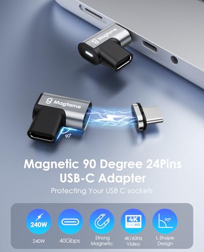 2 Pack Magnetic USB-C Male to USB-C Female Adapter, 240W, Right Angle, 40Gbps Data Transfer, 4K Video Output Compatible with ROG Ally, Steam Deck, Switch, iPhone 15/15 Pro