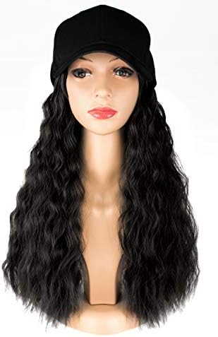 TOFAFA Black Wavy Wig with Hat,Adjustable Black Baseball Cap Fits Women Easy to Use,Synthetic Hair 1B