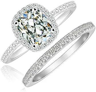 Cushion Cut Bridal Ring Set Accented Halo Engagement Ring Stackable Micropave Eternity Wedding Band