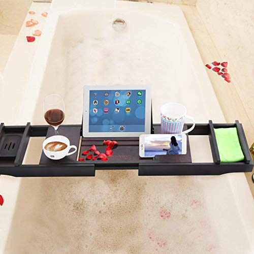Modrine Expandable Bamboo Bathtub Caddy - Adjustable Wooden Serving Tray and Organizer for Any Size Bathtub - Phone and Tablet Compartments -Wine holder bathtub tray Brown - Thumbnail 4