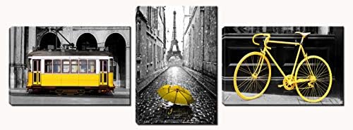 Modern Gray and Yellow Cityscape Canvas Wall Art - Paris Decor for Bedroom - Ready to Hang for Living Room Bedroom Office