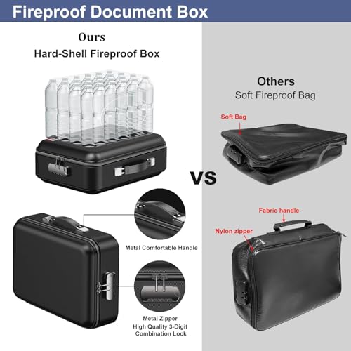 Fireproof Document Box, Waterproof Safe Hard-Shell File Folder Box with Lock, Black 37 * 27 * 12Cm