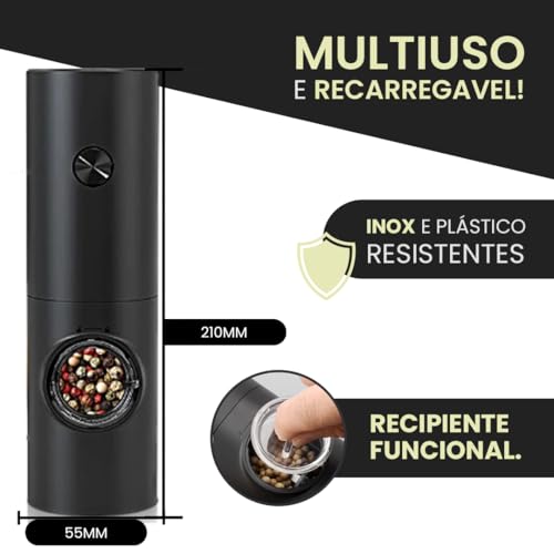 Kit 2 Moedor de Pimenta Elétrico Automático – Ajuste de Moagem, Luz LED, Recipiente Transparente para Sal, Pimenta e Temperos | Ideal para Cozinha e Churrasco Pilha Premium