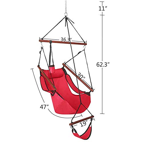 ONCLOUD Upgraded Unique Hammock Hanging Sky Chair, Air Deluxe Swing Seat with Rope Through The Bars Safer Relax with Fuller Pillow and Drink Holder Solid Wood Indoor/Outdoor Patio Yard 250LBS (Red) - Thumbnail 3